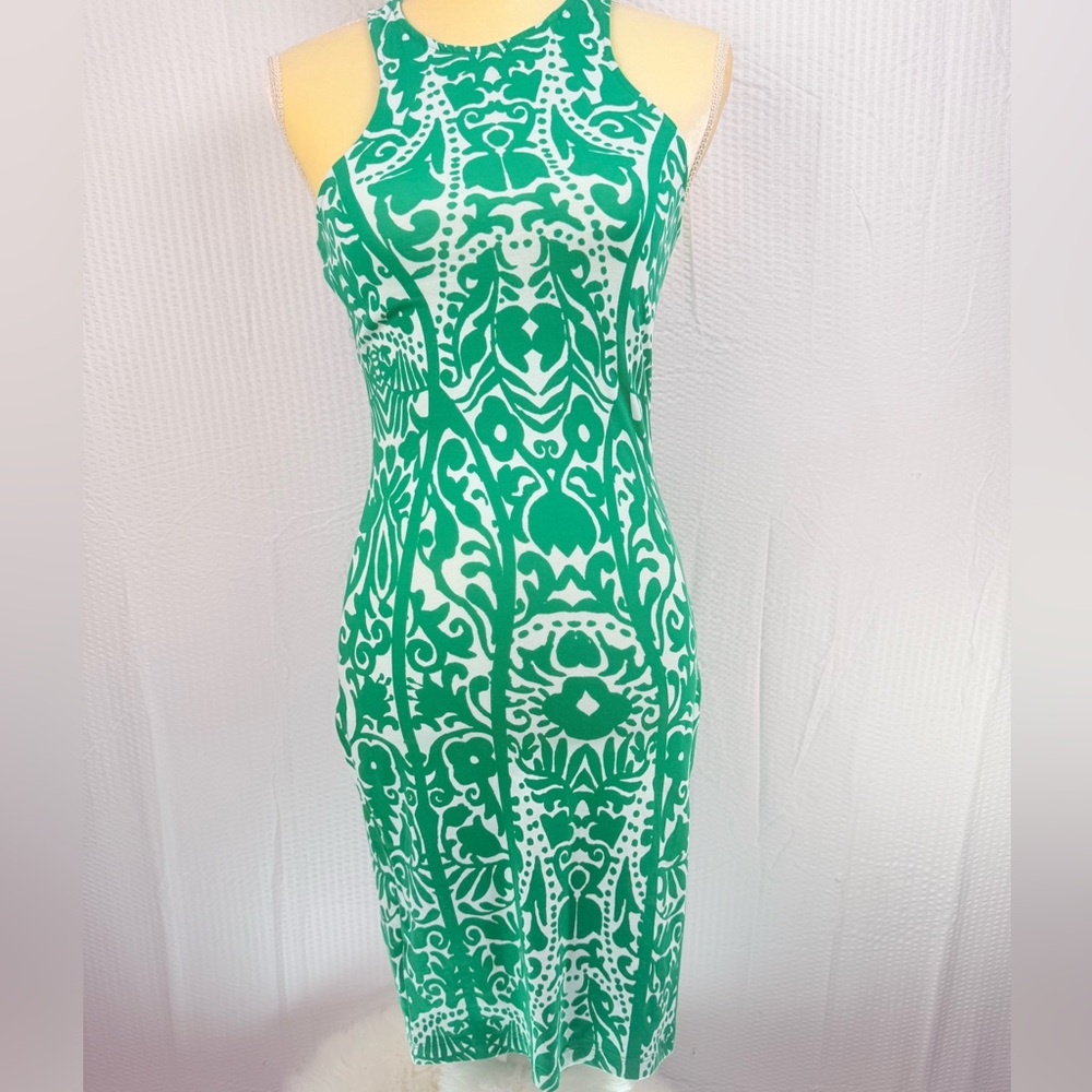 H&M Green & White Stretch Racer Bodycon Paisley Dress size Small Summer